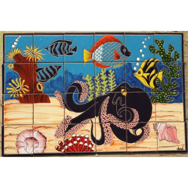 Talavera High Relief Mural Pulpo y Peces